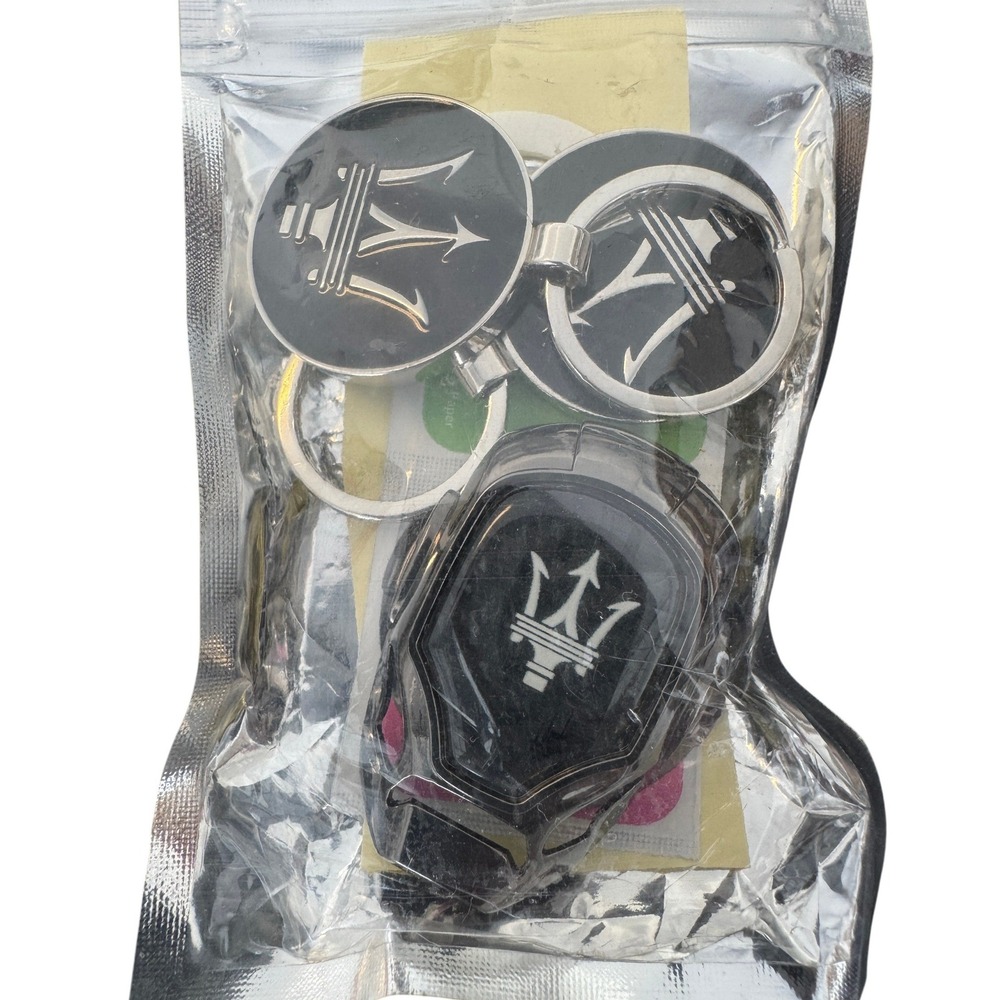 Maserati Logo Keychain and Ignition Button Cover Set Black Silver 3 Piece - Picture 2 of 4